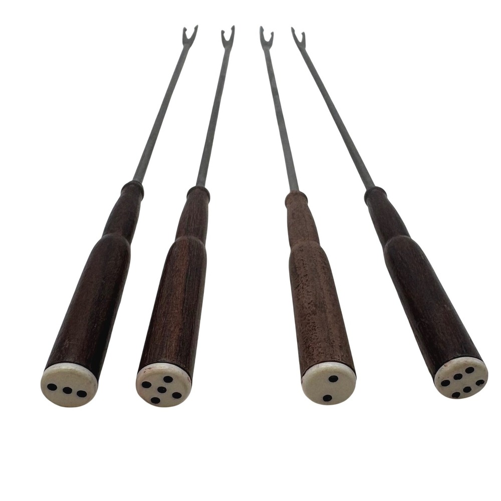 Vtg MCM Fondue Forks Set Wood Tapered Handles Dice Dot ID Inlay Stainless Steel